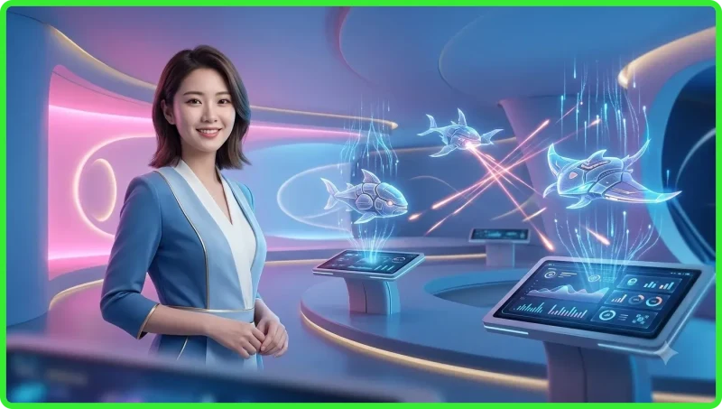 Ảnh minh họa sức hút của game bắn cá Zui với đàn cá đầy màu sắc và kho báu phát sáng dưới đại dương