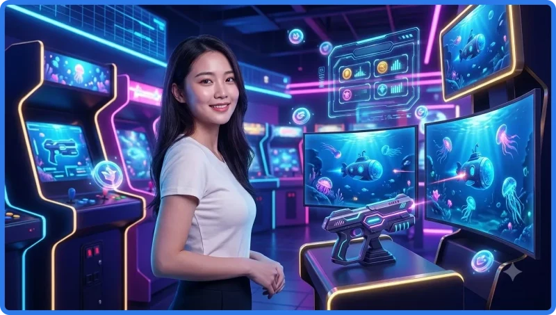 Tổng quan game bắn cá ăn xu với bối cảnh đại dương đầy cá và xu vàng